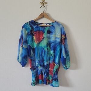 Chico's Blue Floral Smocked Waist Blouse Size Medium